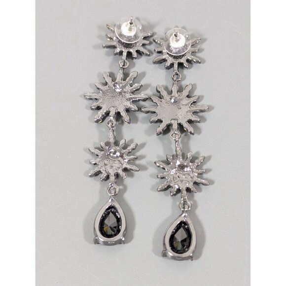 Gothic Black Rhinestone Starburst Flower Long Dangle Earrings Evening - Picture 5 of 6